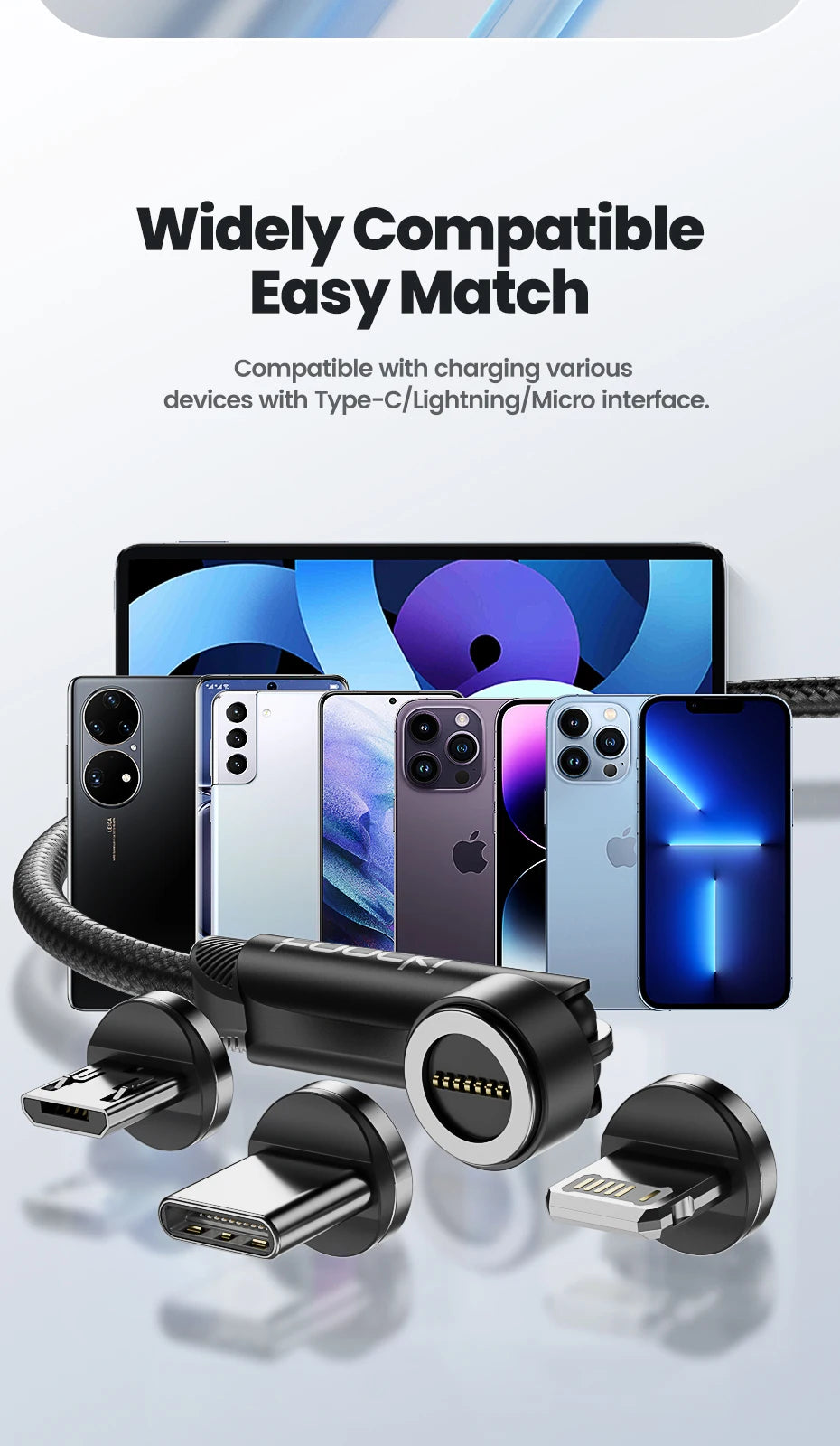 Toocki 540 Rotate Magnetic USB Type C cable for iPhone 12, Xiaomi, and Micro USB devices, with magnetic charging and data transfer.