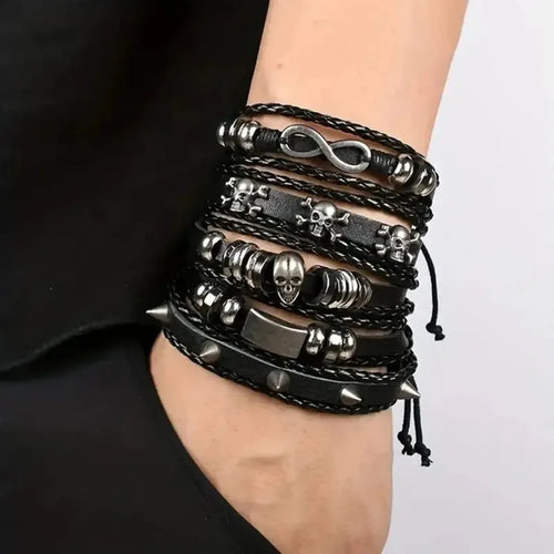 5-piece braided punk bracelet set, PU leather and beads - view 2