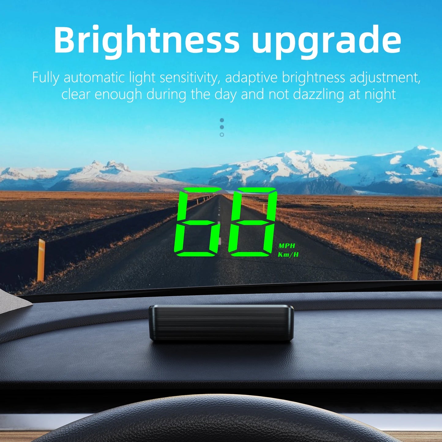 Prime Deal Zone HD car head-up display M2 showing digital speedometer, GPS, and KM/H readings projected on windshield.
