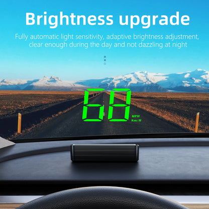 Prime Deal Zone HD car head-up display M2 showing digital speedometer, GPS, and KM/H readings projected on windshield.