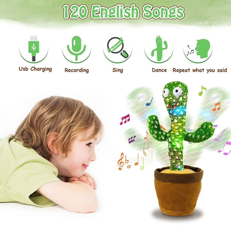 Dancing cactus plush toy by Prime Deal Zone with speakers, talking and singing, soft stuffed cactus character for kids' play and gifts.