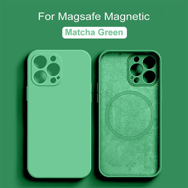 Liquid silicone MagSafe case for iPhone 15, 14, 13, 12, 11 Pro Max, Mini, X, XR, XS, 8 Plus with wireless charging compatibility.
