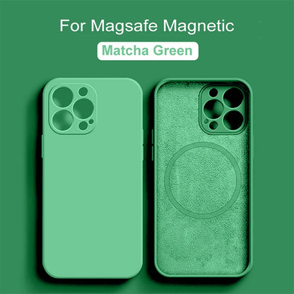 Liquid silicone MagSafe case for iPhone 15, 14, 13, 12, 11 Pro Max, Mini, X, XR, XS, 8 Plus with wireless charging compatibility.