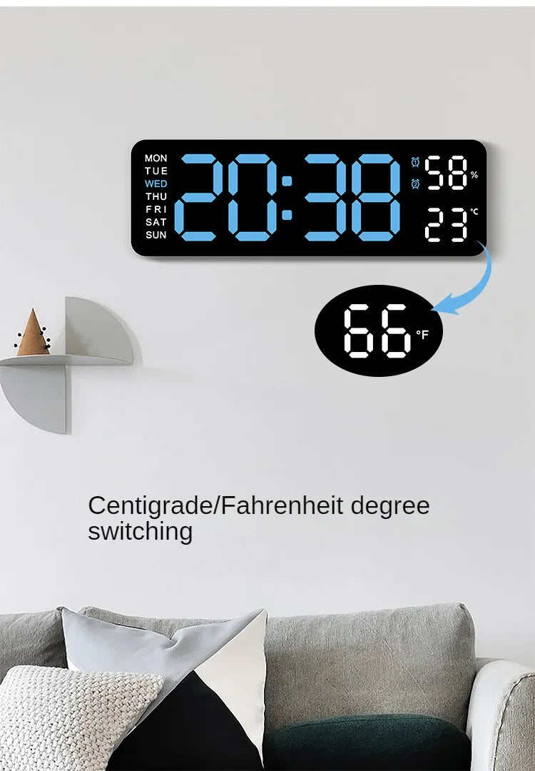 Large Prime Deal Zone digital wall clock with LED display showing temperature, humidity, week, and adjustable brightness.