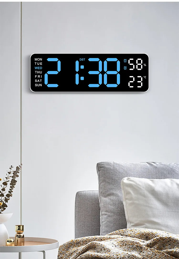 Large digital wall clock by Prime Deal Zone showing temperature, humidity, week display, adjustable brightness, and LED alarm features.