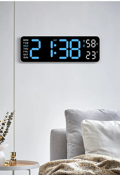 Large digital wall clock by Prime Deal Zone showing temperature, humidity, week display, adjustable brightness, and LED alarm features.