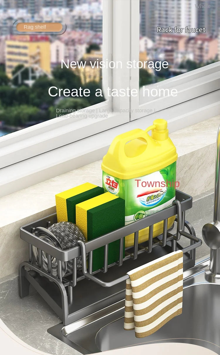 Prime Deal Zone kitchen shelf cleaning cloth storage rack with sponge holder and water sink drainage for organized household cleaning tools