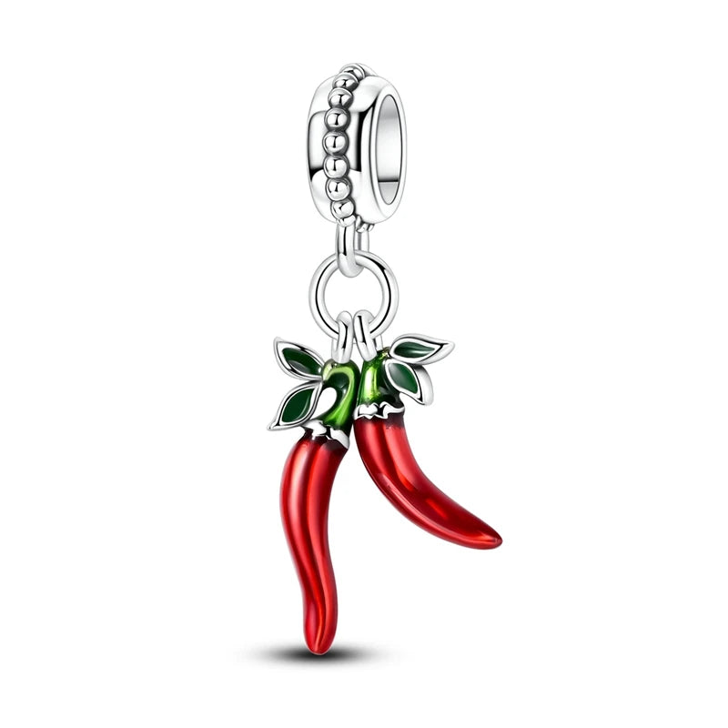 925 Sterling Silver Red Wine & Chili Charm Beads