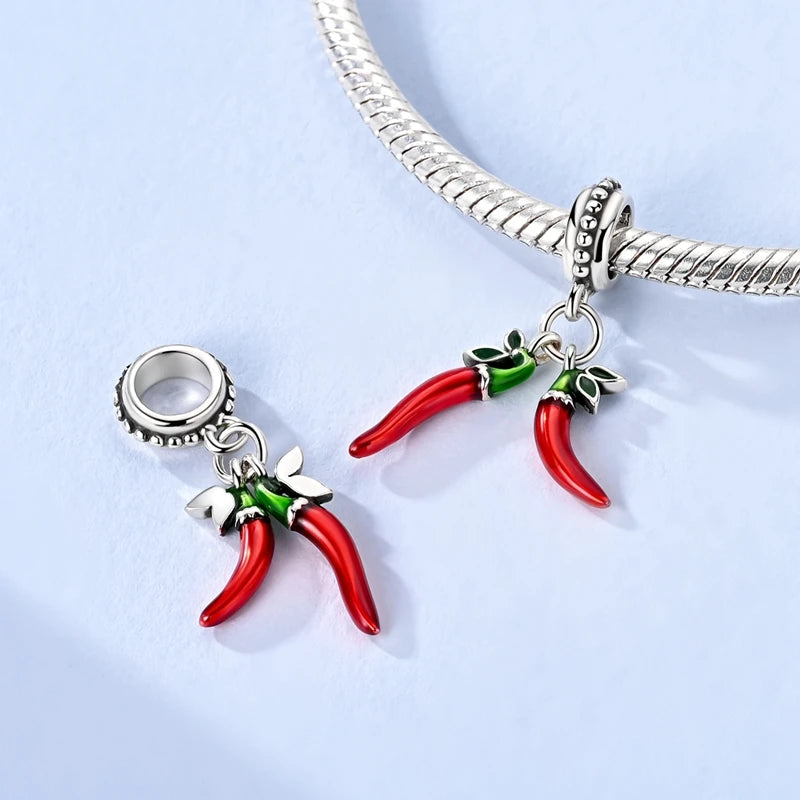 925 Sterling Silver Red Wine & Chili Charm Beads