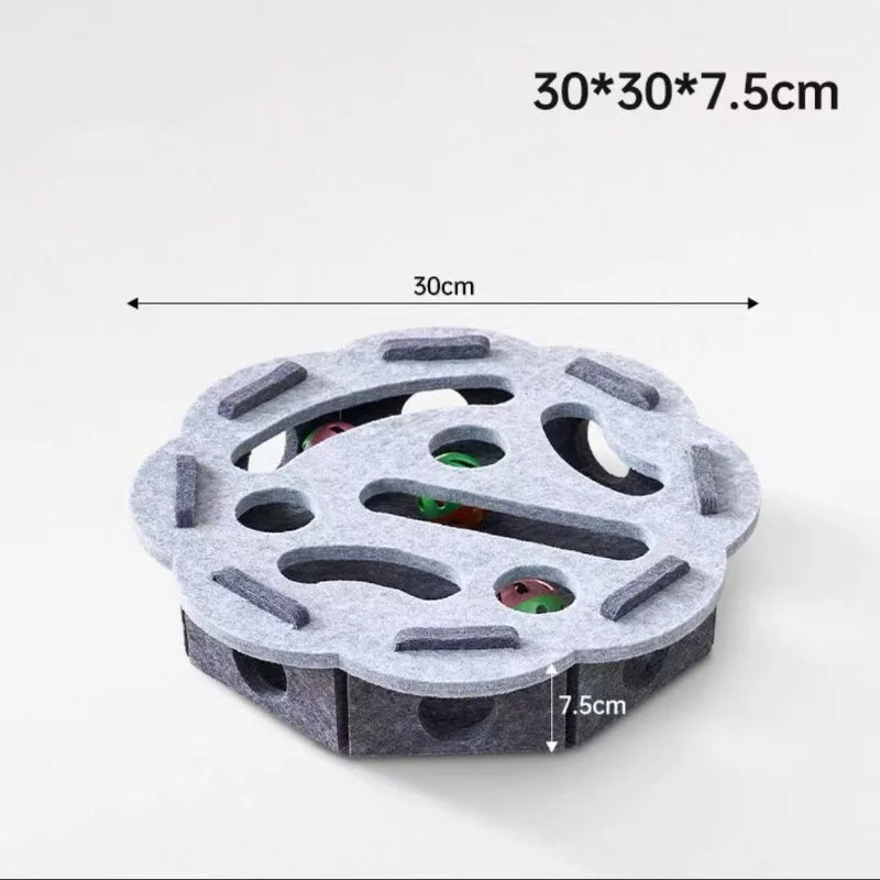 Interactive pet cat puzzle maze toy with felt box, bell ball, and holes for kittens to play and hide with Prime Deal Zone.