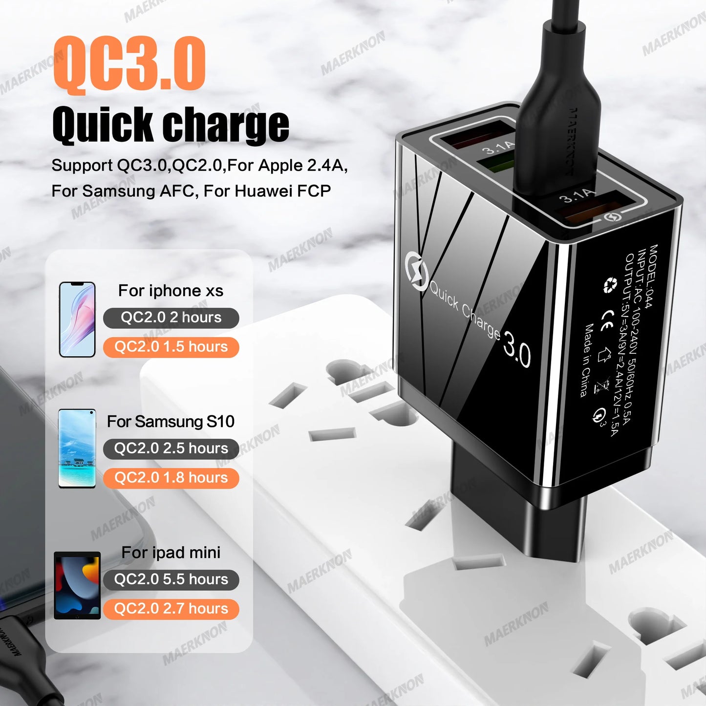 Prime Deal Zone 3A USB charger with four ports, fast charging USB 3.0, EU and US plug for iPhone, Samsung, Xiaomi, Poco mobile phones