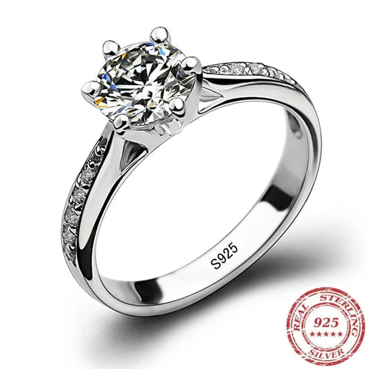 925 Sterling Silver Six-Claw Imitation Diamond Ring for Women | Luxury Bridal Zircon Solitaire Ring