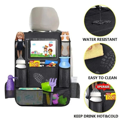 Multifunctional car seat organizer by Prime Deal Zone with multiple pockets and tablet holder, made of durable Oxford fabric for kids.