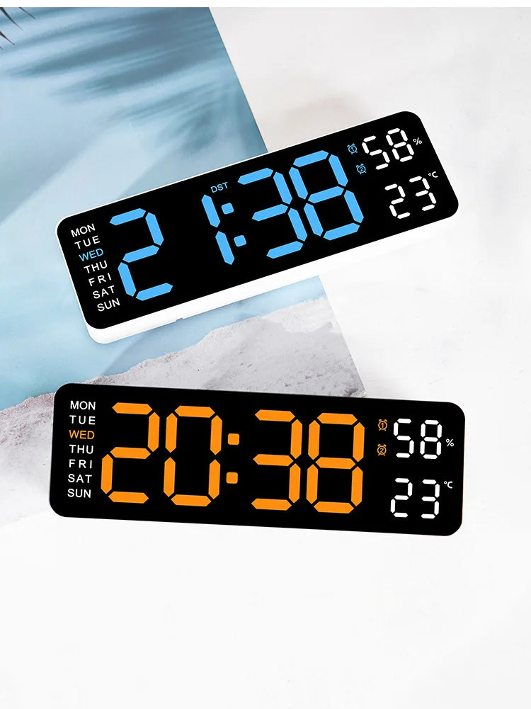 Large digital wall clock by Prime Deal Zone displaying temperature, humidity, week, and adjustable brightness with LED display.
