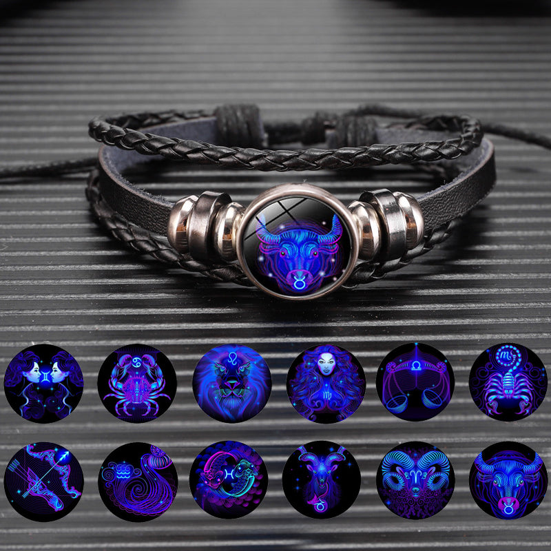 Zodiac constellation luminous braided bracelet, front view