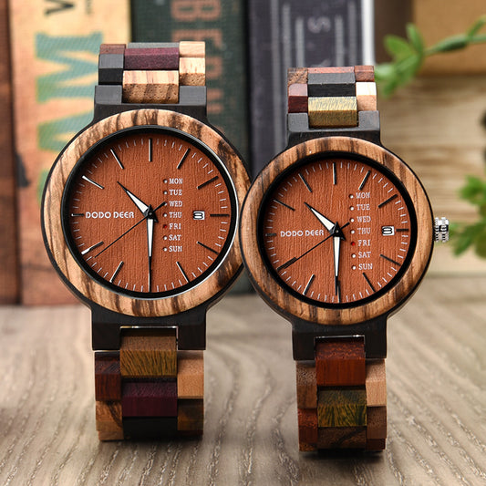 Wood Couple's Calendar Quartz Watch – Korean Style, Wooden Strap, Stainless Steel Back