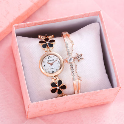 Women's Petal Quartz Watch & Bracelet Set – Alloy Bangle, Casual Style