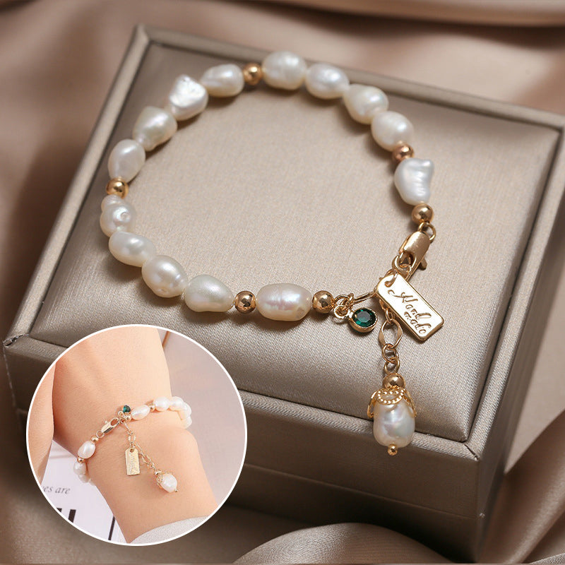 Natural zircon pearl bracelet with floral design, front view